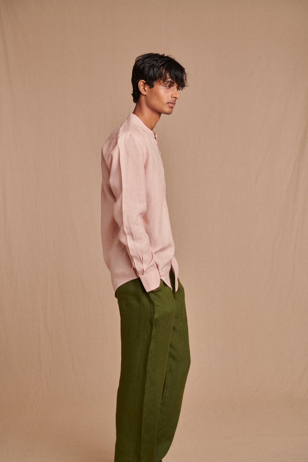 Blush Linen Men's Band Collar Shirt – Slim Fit image 4