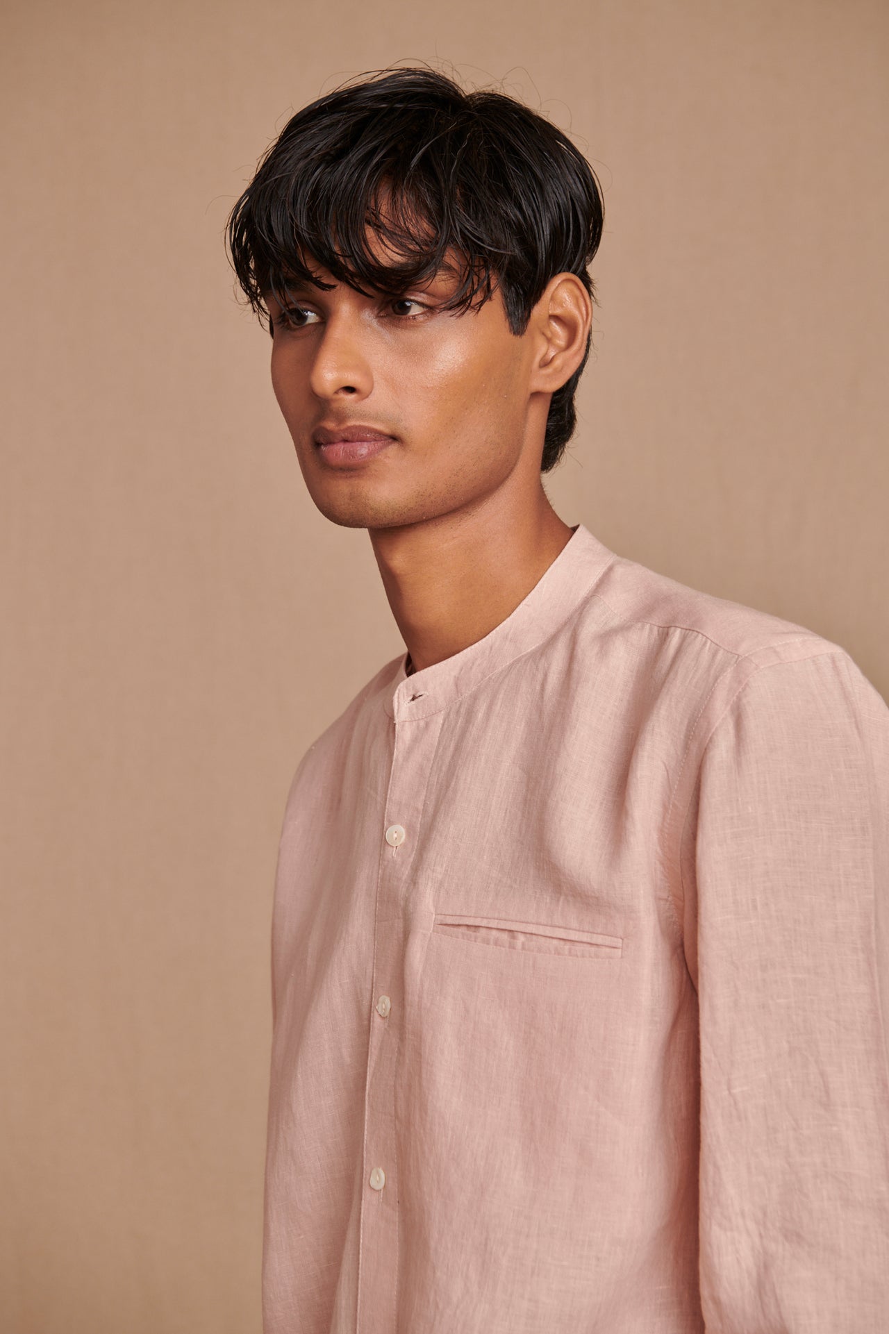 Blush Linen Men's Band Collar Shirt – Slim Fit image 5
