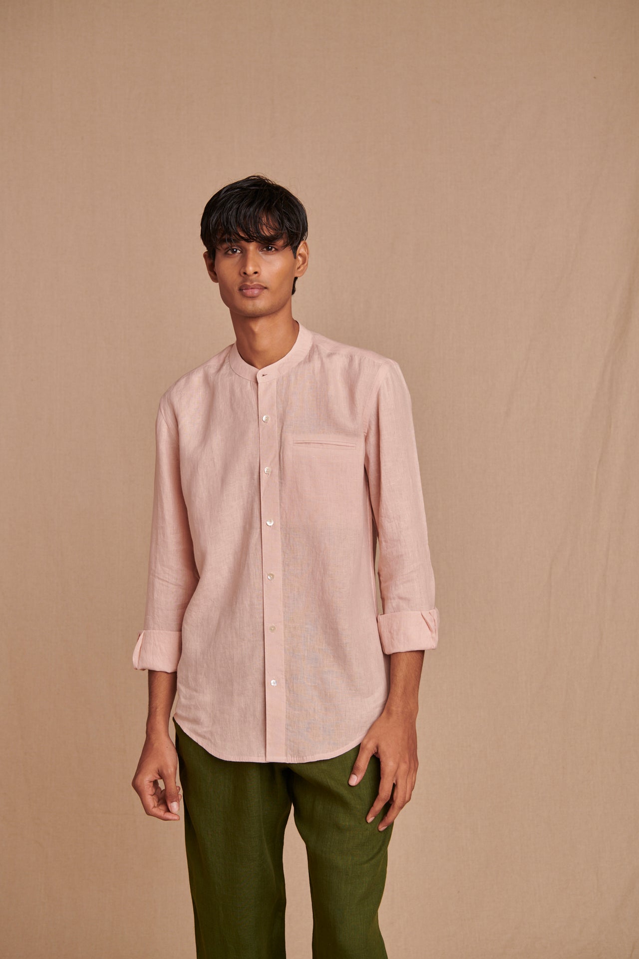 Blush Linen Men's Band Collar Shirt – Slim Fit