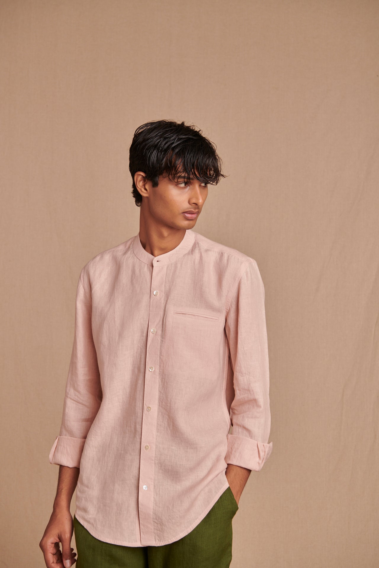 Blush Linen Men's Band Collar Shirt – Slim Fit image 3