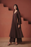 Coffee Co-Linen Embroidered Pocket Kurta Set
