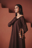 Coffee Co-Linen Embroidered Pocket Kurta Set