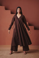 Coffee Co-Linen Embroidered Pocket Kurta Set