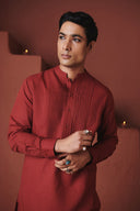 Brick Co-Linen Men's Pleated Yoke Kurta Set - Sale