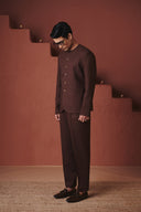Coffee Co-Linen Men's Round Neck Jacket Set