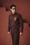 Coffee Co-Linen Men's Band Collar Shirt – Slim Fit