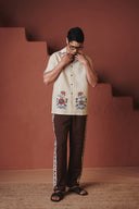 Beige Coffee Chintz Co-Linen Men's Camp Collar Shirt Set