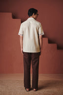 Beige Coffee Chintz Co-Linen Men's Camp Collar Shirt Set