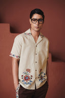 Beige Chintz Co-Linen Men's Camp Collar Shirt