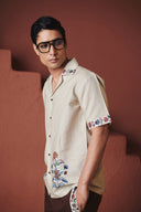 Beige Coffee Chintz Co-Linen Men's Camp Collar Shirt Set