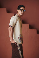 Beige Coffee Chintz Co-Linen Men's Camp Collar Shirt Set