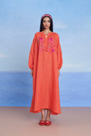 Tangerine Linen Puff Sleeves Dress - Sale