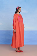 Tangerine Linen Puff Sleeves Dress - Sale