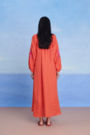 Tangerine Linen Puff Sleeves Dress - Sale