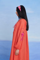 Tangerine Linen Puff Sleeves Dress - Sale