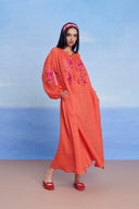 Tangerine Linen Puff Sleeves Dress - Sale