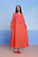 Tangerine Linen Puff Sleeves Dress - Sale
