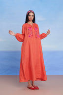 Tangerine Linen Puff Sleeves Dress - Sale