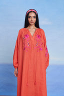 Tangerine Linen Puff Sleeves Dress - Sale