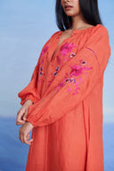 Tangerine Linen Puff Sleeves Dress - Sale