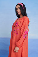 Tangerine Linen Puff Sleeves Dress - Sale