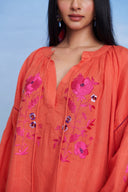Tangerine Linen Puff Sleeves Dress - Sale