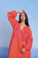 Tangerine Linen Puff Sleeves Dress - Sale