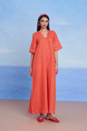 Tangerine Linen Half Sleeves Flared Jumpsuit