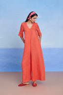 Tangerine Linen Half Sleeves Flared Jumpsuit