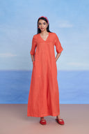 Tangerine Linen Half Sleeves Flared Jumpsuit