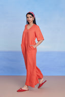 Tangerine Linen Half Sleeves Flared Jumpsuit