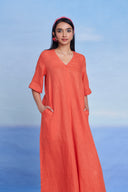 Tangerine Linen Half Sleeves Flared Jumpsuit