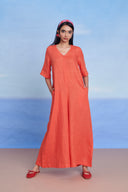 Tangerine Linen Half Sleeves Flared Jumpsuit