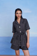 Graphite Linen Denim Front Tie Jacket And Shorts Set - Sale