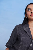 Graphite Linen Denim Front Tie Jacket And Shorts Set - Sale