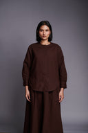 Coffee Co-Linen Round Hem Shirt