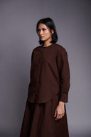 Coffee Co-Linen Round Hem Shirt - Sale
