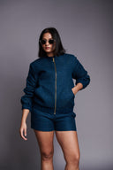 Indigo Linen Unisex Quilted Bomber Jacket Set