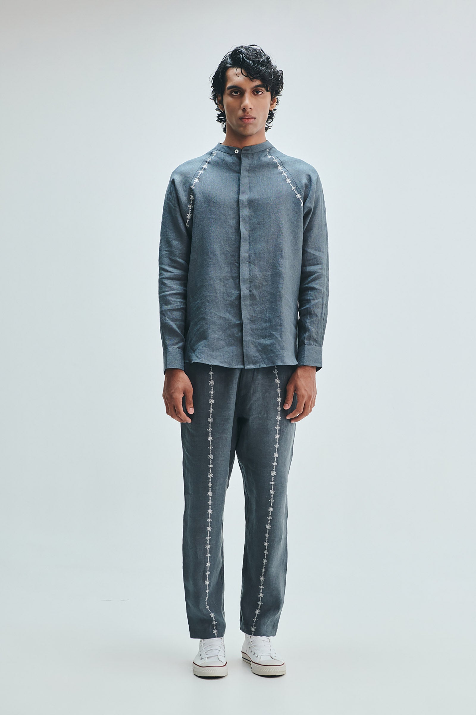 Slate Linen Embroidered Men's Raglan Shirt Set – Saphed
