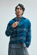 Indigo Linen Kantha Flap Collar Jacket