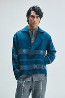 Indigo Linen Kantha Flap Collar Jacket