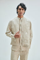 Undyed Linen Embroidered Men's Collarless Nehru Jacket