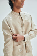 Undyed Linen Embroidered Men's Collarless Nehru Jacket