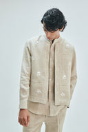 Undyed Linen Embroidered Men's Collarless Nehru Jacket