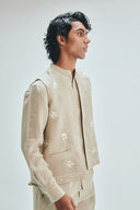 Undyed Linen Embroidered Men's Collarless Nehru Jacket