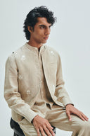 Undyed Linen Embroidered Men's Collarless Nehru Jacket