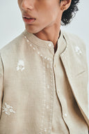 Undyed Linen Embroidered Men's Collarless Nehru Jacket