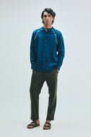Indigo Linen Embroidered Men's Raglan Shirt