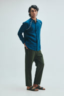 Indigo Linen Embroidered Men's Raglan Shirt