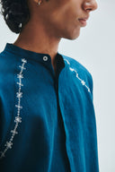 Indigo Linen Embroidered Men's Raglan Shirt